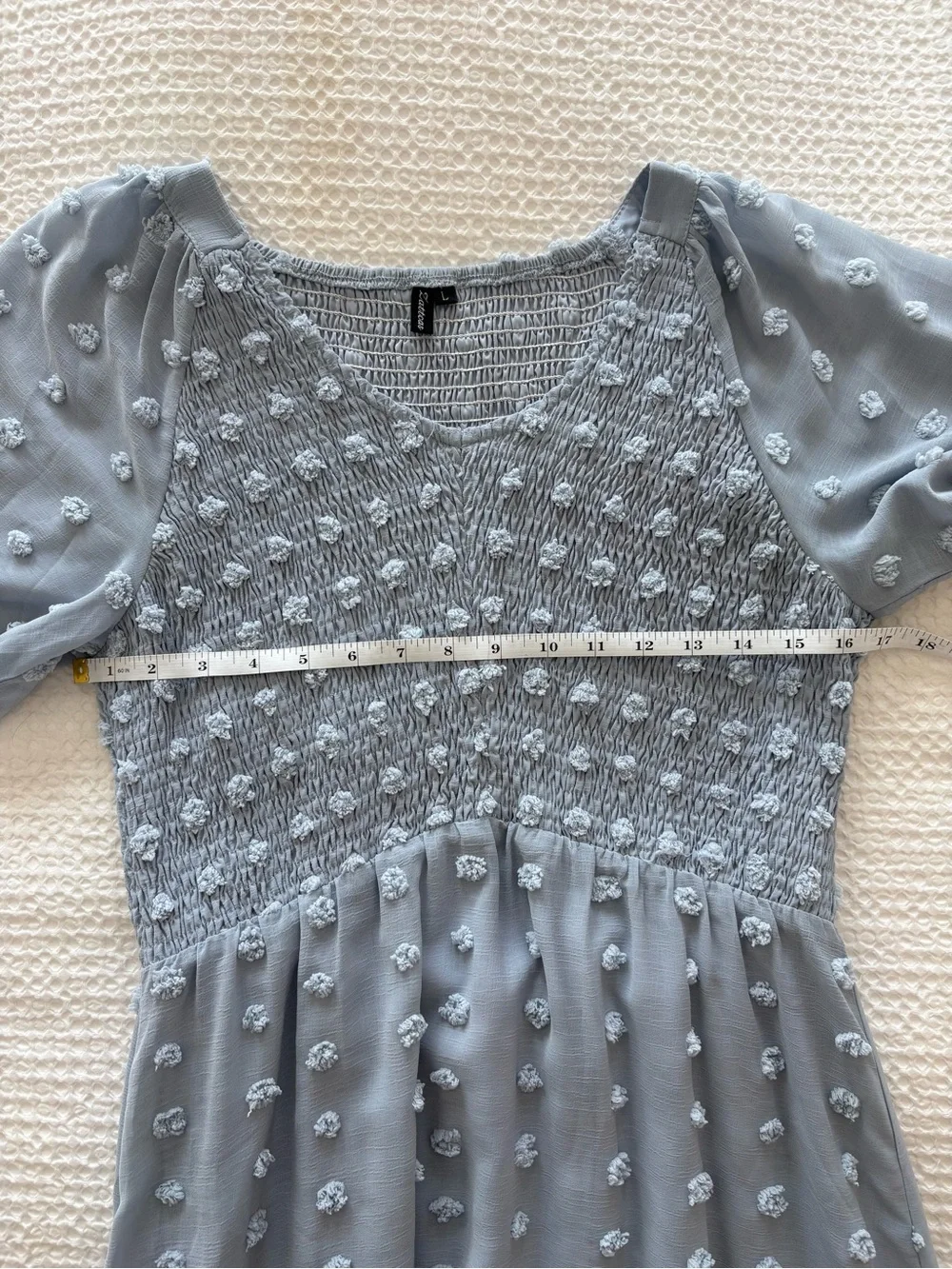 Blue Swiss Dot Smocked Babydoll Dress Cottagecore Mini Dress - L - Picture 8 of 9